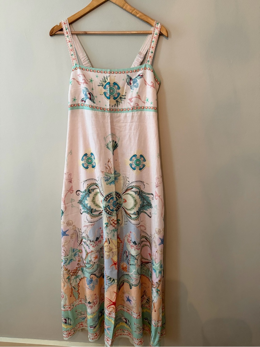 Christian Lacroix linen Pastel Pink Maxi Dress with Multicolor Ornamental Print
